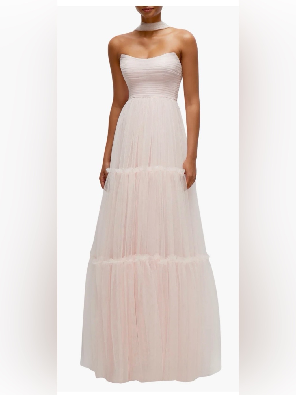 Dessy Collection Strapless Blush Pink Tiered Tulle Overlay Maxi Gown W/Sash 10-R